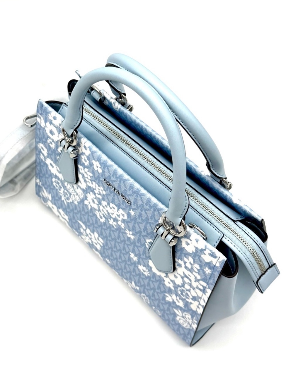 Michael Kors Marilyn Medium Printed Signature Logo Satchel Bag - Pale Ocean - Picture 5 of 8